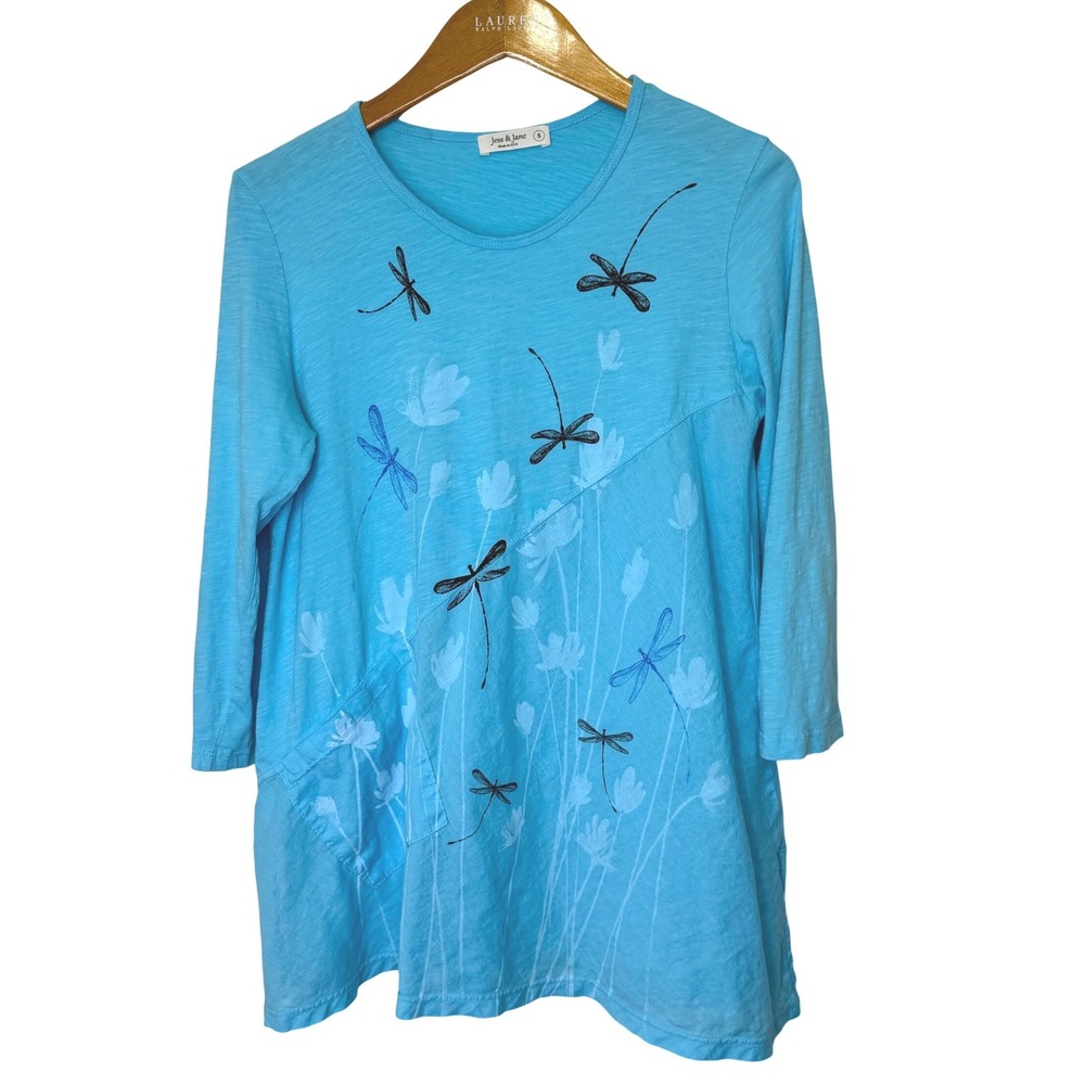 Jess‎ & Jane Dragonfly Tunic Top Small Blue 3/4 Sleeve